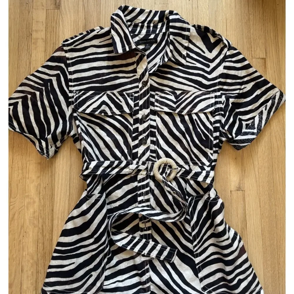 Banana Republic Linen Zebra Print Safari Romper M 100% Linen